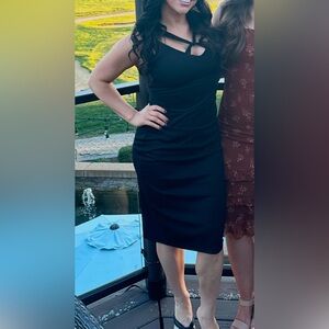 Nicole Miller black 90’s midi dress ruched waist cocktail